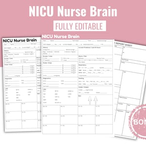 May include: Three white NICU Nurse Brain report sheets with detailed medical information, including sections for history, diagnostics, and intake/output. The text "NICU Nurse Brain" and "FULLY EDITABLE" are at the top. A pink "BONUS" sticker is in the bottom right corner.