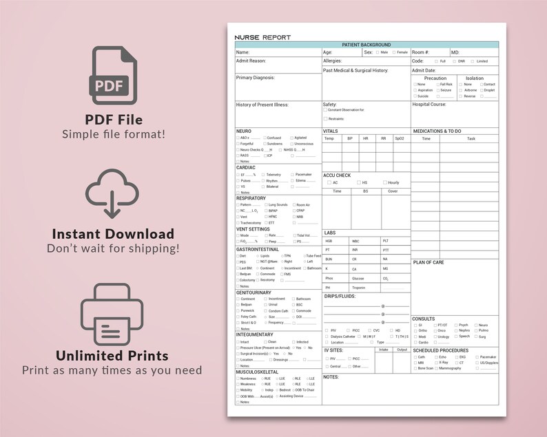 Telemetry Nursing Report Sheet Med Surg Brain ICU Nurse Etsy