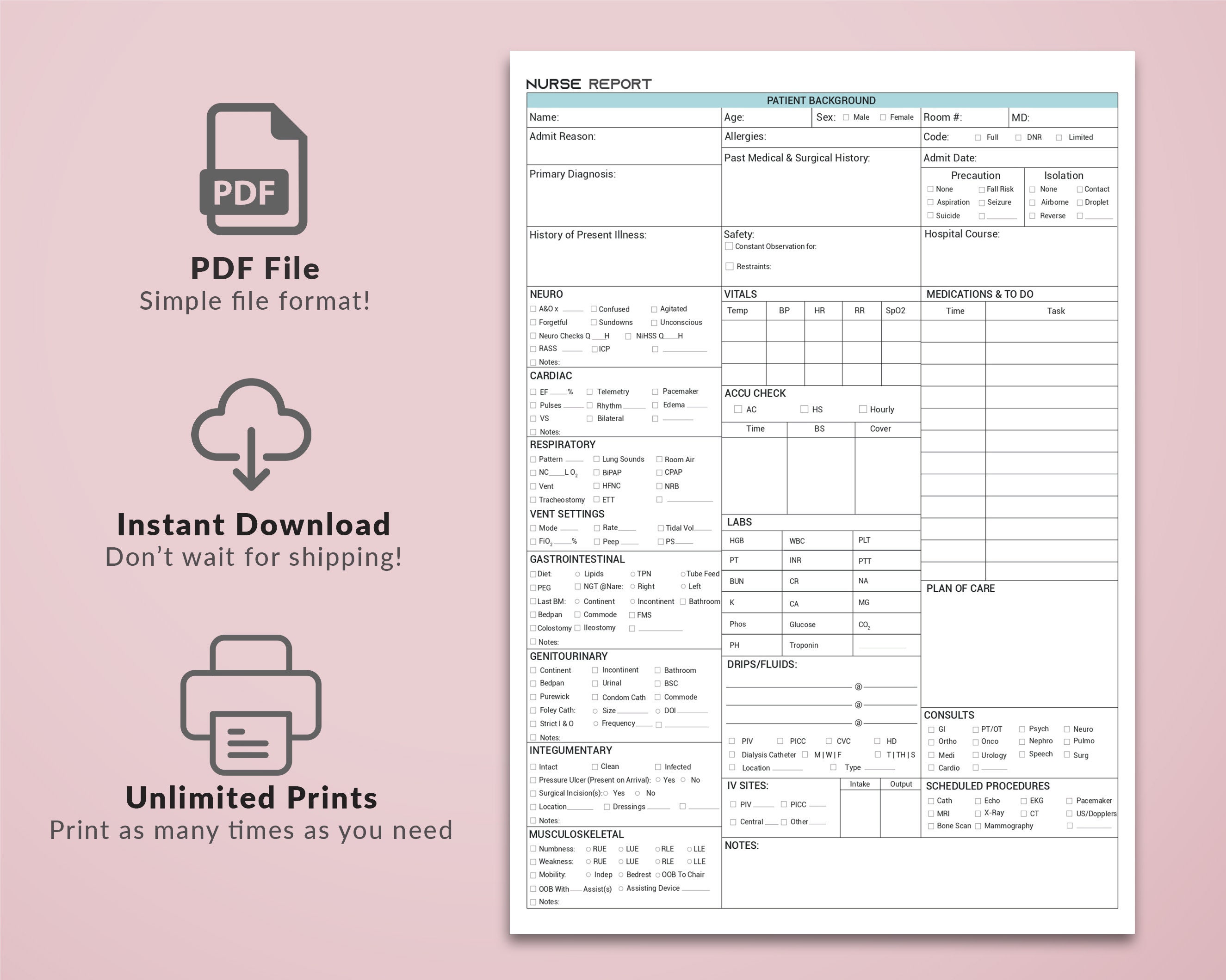 Telemetry Nursing Report Sheet Med Surg Brain ICU Nurse Etsy