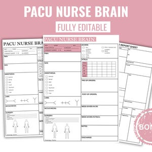 May include: A set of white medical forms with black text, including "PACU NURSE BRAIN" at the top. The forms have sections for patient information, vital signs, and notes. A pink "BONUS" sticker is in the corner.