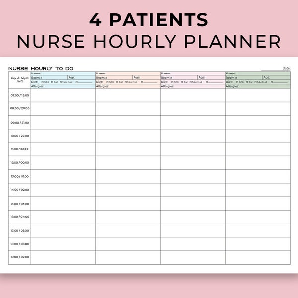Hourly Nursing Shift Planner, 4 Patient Report Sheet Med Surg Nurse Medication Sheet, CNA Shift Planner Nursing Shift Report Sheet A4-Letter
