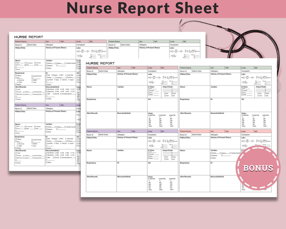 Nurse Brain 4 Patient Nurse Report Sheet ICU Nurse Shift Etsy