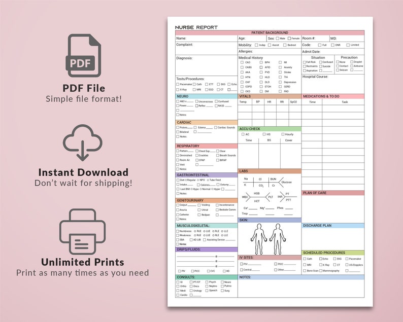 Printable ICU Nurse Report Sheet Template Nursing Report Med Etsy Canada