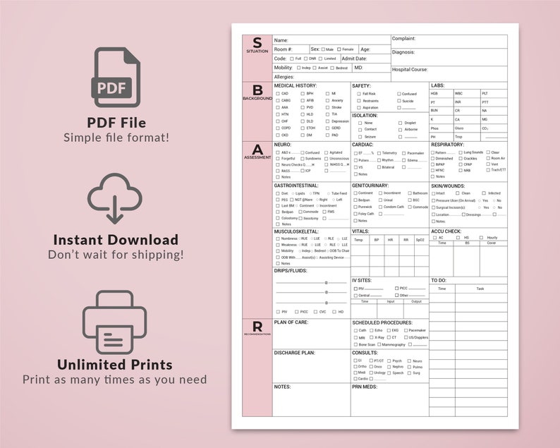 SBAR Nursing Report Sheet ICU Brain Sheet Med Surg Nurse Brain - Etsy