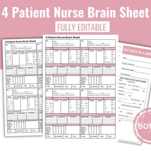 May include: A set of four patient nurse brain sheets with a pink header and the text "4 Patient Nurse Brain Sheet" and "FULLY EDITABLE". The sheets include sections for patient data, vital signs, and medications. A bonus patient ID label is included.