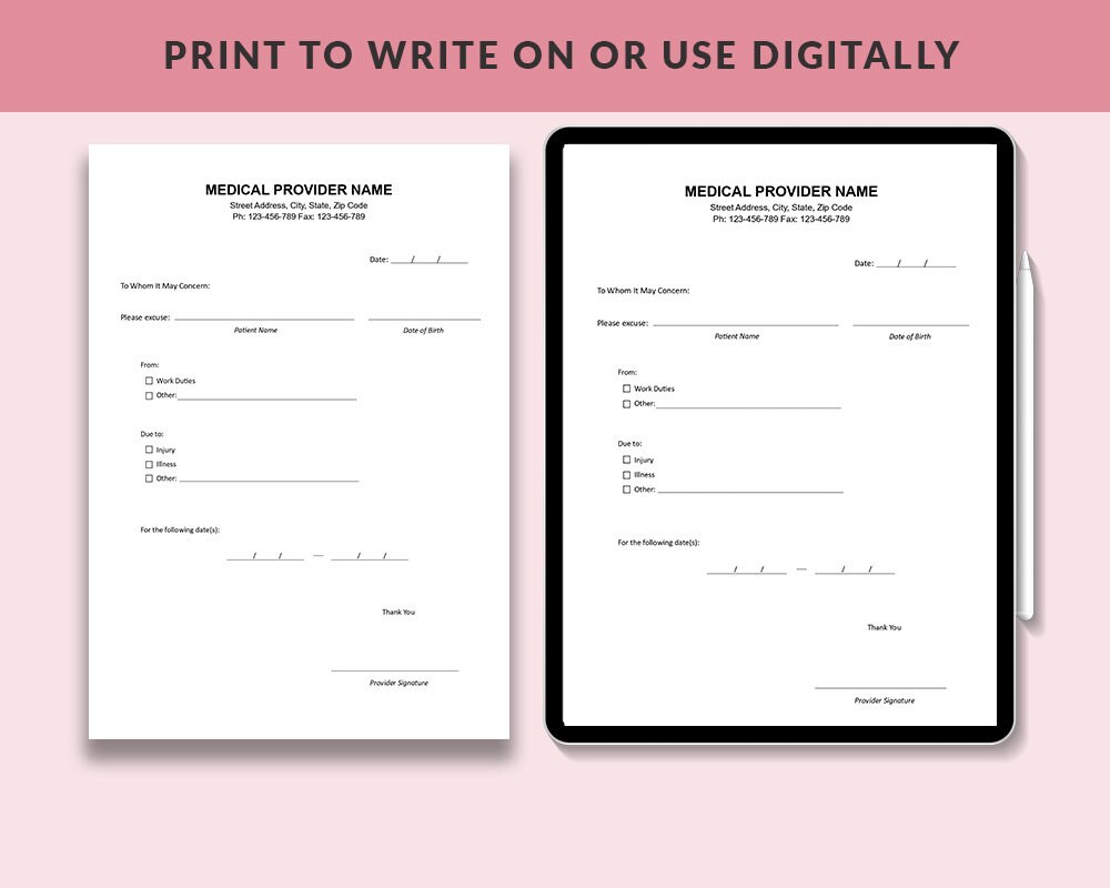 Printable Doctor's Excuse Template, School Excuse Note, Doctor Excuse for Work, Medical Forms ...