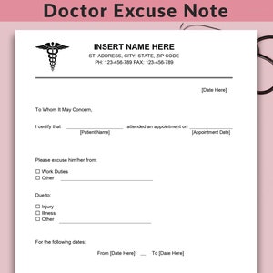 Fillable Doctors Note for Work, Doctor Excuse Note, Drs Note, Doctor Excuse Letter, School Excuse Note, Doctor Excuse Word, Google Docs, PDF