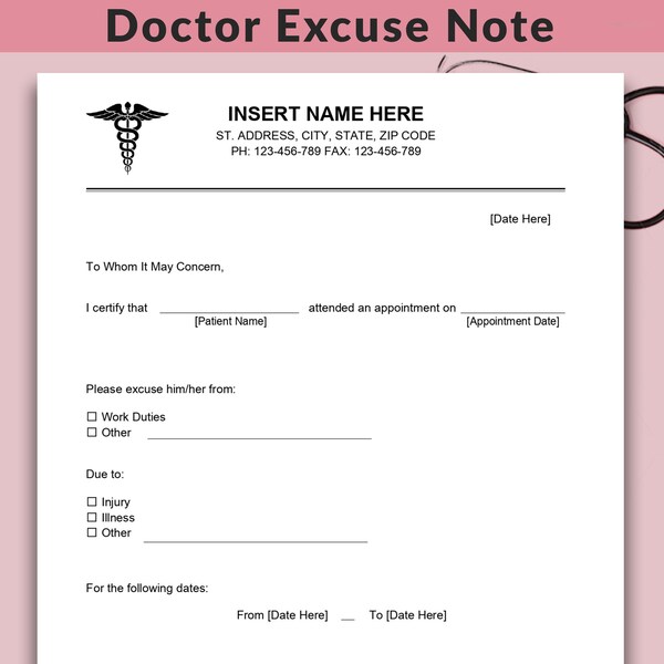 Note de médecin à remplir pour le travail, note d'excuse du médecin, note du docteur, lettre d'excuse du médecin, note d'excuse de l'école, mot d'excuse du médecin, Google Docs, PDF