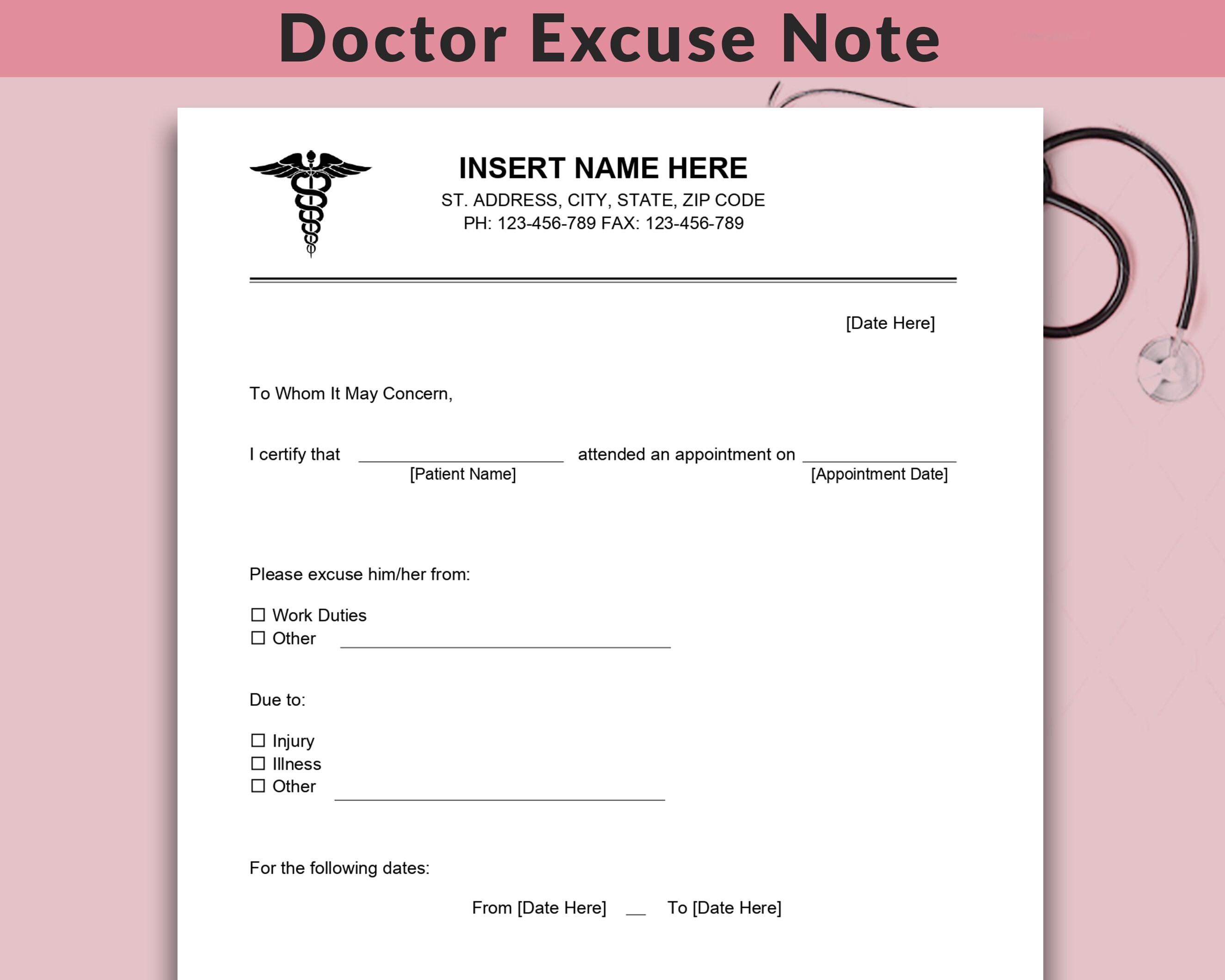 Fillable Doctors Note For Work Doctor Excuse Note Drs Note Doctor 
