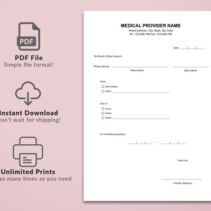 Printable Doctor's Excuse Template, School Excuse Note, Doctor Excuse for Work, Medical Forms ...