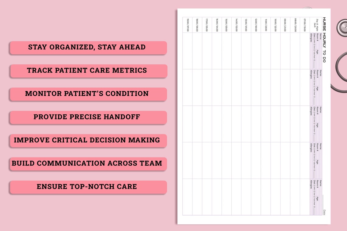 Nurse Shift Planner, 5 Patient Nurse Hourly to Do, Nurse Medication