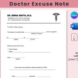Plantilla de nota del médico, Carta de excusa del médico / Nota del médico para el trabajo y la escuela, Nota de excusa del médico / Word, Canva y PDF / Descarga instantánea