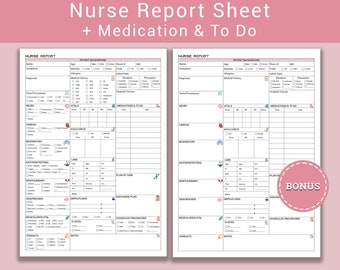 Nursing Report Sheet Med Surg Nurse Report Sheet Nursing Brain, Nurse Report Sheet ICU, RN Report With Medication & To-Do Log, A4-US Letter