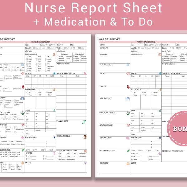 Feuille de rapport infirmier Feuille de rapport d'infirmière Cerveau en soins infirmiers, feuille de rapport d'infirmière USI, rapport d'infirmière autorisée avec journal des médicaments et des tâches à faire, lettre A4-US