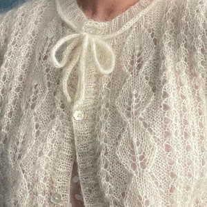 Hand knit Cream Mohair Cardigan Vintage-Inspired Lace Sweater Romantic Puff Sleeve Knit Feminine Cottagecore Style to order