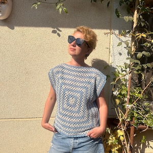 Summer cotton top gray and blue Crochet