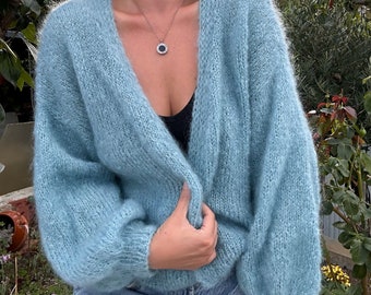 Cárdigan de mohair turquesa hecho a mano: extragrande, mangas anchas