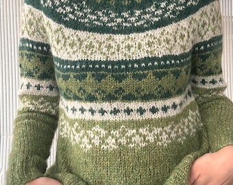 Suéter de lã tricotado à mão com padrão Fair Isle: Verde, estilo nórdico, modelo pulôver feminino.