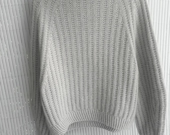 Ribbed Jumper: Hand-Knitted Turtleneck Sweater Light Grey