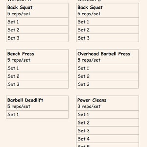 May include: Workout plan with two columns labelled Workout A and Workout B. Each column lists three exercises with sets and reps. Workout A includes Back Squat, Bench Press, and Barbell Deadlift. Workout B includes Back Squat, Overhead Barbell Press, and Power Cleans.