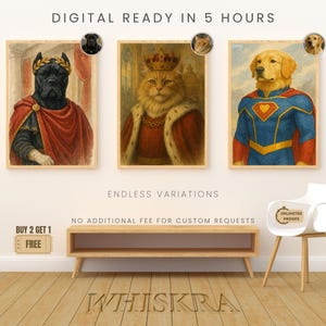 Może przedstawiać: Trzy oprawione portrety zwierząt: pies w stroju rzymskiego cesarza, kot jako król i pies w kostiumie superbohatera. Tekst brzmi "DIGITAL READY IN 5 HOURS" i "ENDLESS VARIATIONS".