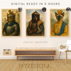 Può includere: Tre stampe artistiche incorniciate raffiguranti animali antropomorfi in abiti storici. Un gatto in armatura, un cane con un'ascia e un gatto in una veste gialla. Il testo "DIGITAL READY IN 5 HOURS" e "ENDLESS VARIATIONS" sono visibili.
