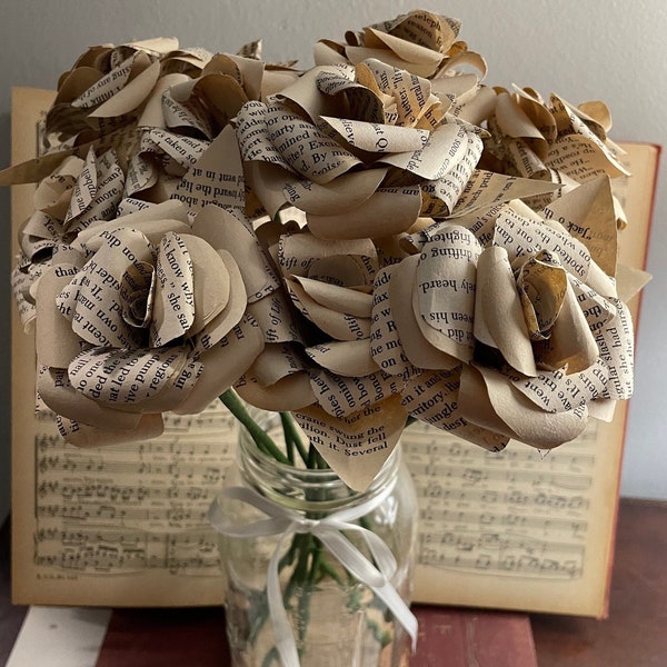 vintage book page roses bouquet | dozen roses | novel page flowers | wedding home decor | staging | bookish | literary centerpiece | gift |