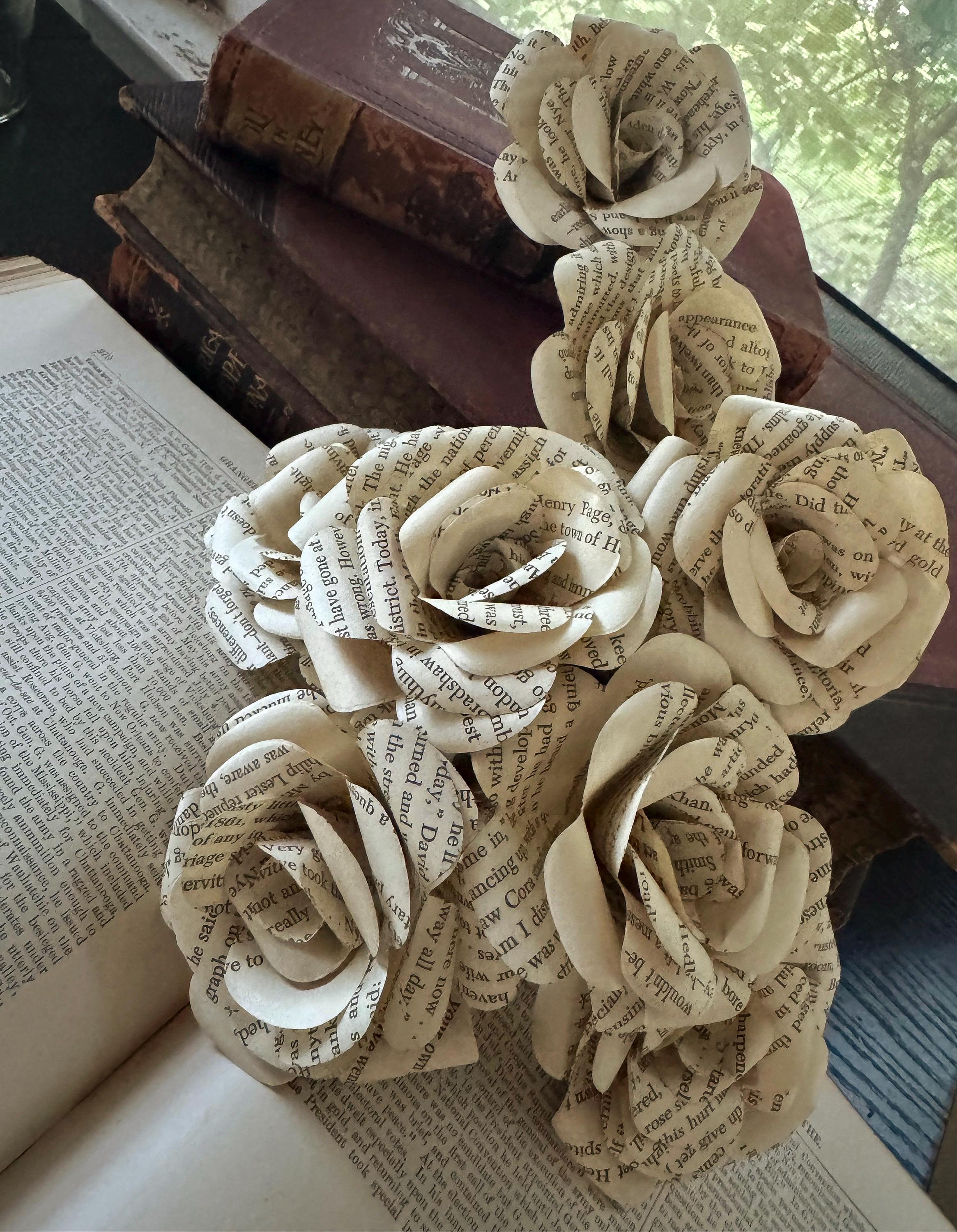 vintage book page roses | dozen 3” novel page flowers | wedding home decor | staging | literary centerpiece | library | Mother’s Day