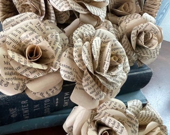 vintage book page roses | dozen 3” novel page flowers | wedding home decor | staging | literary centerpiece | library | Mother’s Day