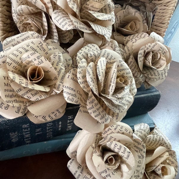 vintage book page roses | dozen 3” novel page flowers | wedding home decor | staging | literary centerpiece | library | Mother’s Day