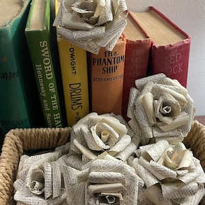 vintage book page roses | dozen 3" roses | dictionary | wedding + home decor | staging | bookish | literary centerpiece | librarian
