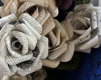 vintage book page roses | 6 large 5&quot; roses | wedding + home decor | staging | bookish | literary centerpiece | librarian