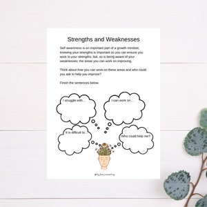 May include: A printable worksheet with a black and white illustration of a head with flowers growing out of it. The worksheet is titled "Strengths and Weaknesses" and includes four thought bubbles with prompts for self-reflection: "I struggle with...", "I can work on...", "It is difficult to...", and "Who could help me?"