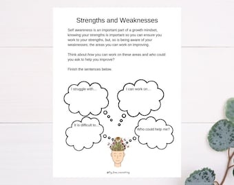 May include: A printable worksheet with a black and white illustration of a head with flowers growing out of it. The worksheet is titled "Strengths and Weaknesses" and includes four thought bubbles with prompts for self-reflection: "I struggle with...", "I can work on...", "It is difficult to...", and "Who could help me?"