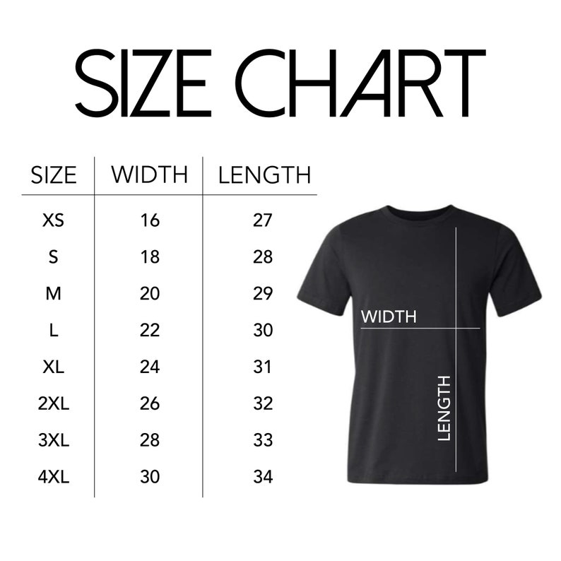 Puede incluir: Tabla de tallas para una camiseta con medidas en pulgadas para el ancho y la longitud. Las tallas incluyen XS, S, M, L, XL, 2XL, 3XL y 4XL.