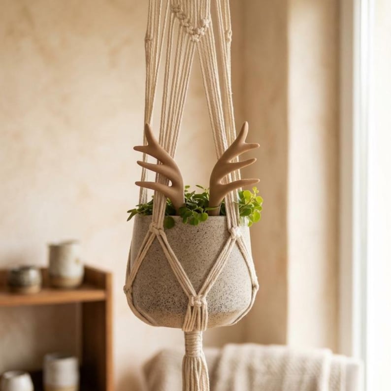 May include: A cream-coloured macrame plant hanger suspending a speckled grey ceramic pot. The pot contains a green leafy plant and features two light brown, smooth, antler-shaped decorative inserts protruding from the top of the foliage.