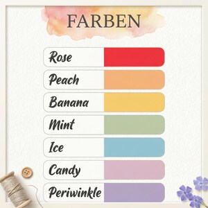 K&ouml;nnte beinhalten: Eine Farbkarte mit dem deutschen Wort "FARBEN" oben. Die Karte zeigt Farbbezeichnungen wie "Rose", "Pfirsich" und "Banane", jeweils gepaart mit einem entsprechenden Farbblock. Zu den Farben geh&ouml;ren Rot, Orange, Gelb, Gr&uuml;n, Blau und Lila.