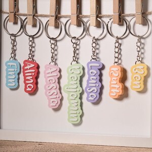 K&ouml;nnte beinhalten: Eine Sammlung farbenfroher Namensanh&auml;nger, jeder mit einem anderen Namen in einer verspielten Schriftart. Die Schl&uuml;sselanh&auml;nger sind in verschiedenen Farben erh&auml;ltlich, darunter Blau, Rot, Rosa, Gr&uuml;n, Lila, Orange und Gelb. Sie h&auml;ngen an silbernen Schl&uuml;sselringen.