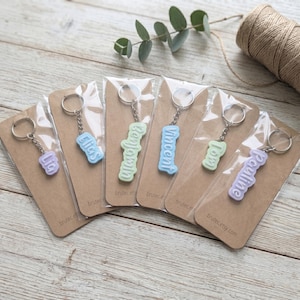 K&ouml;nnte beinhalten: Schl&uuml;sselanh&auml;nger in Pastellfarben mit den Namen "Lia", "Elias", "Benjamin", "Vincent", "Tom" und "Pauline". Jeder Anh&auml;nger ist auf einer braunen Karte mit dem Text "brutec.etsy.com" verpackt.