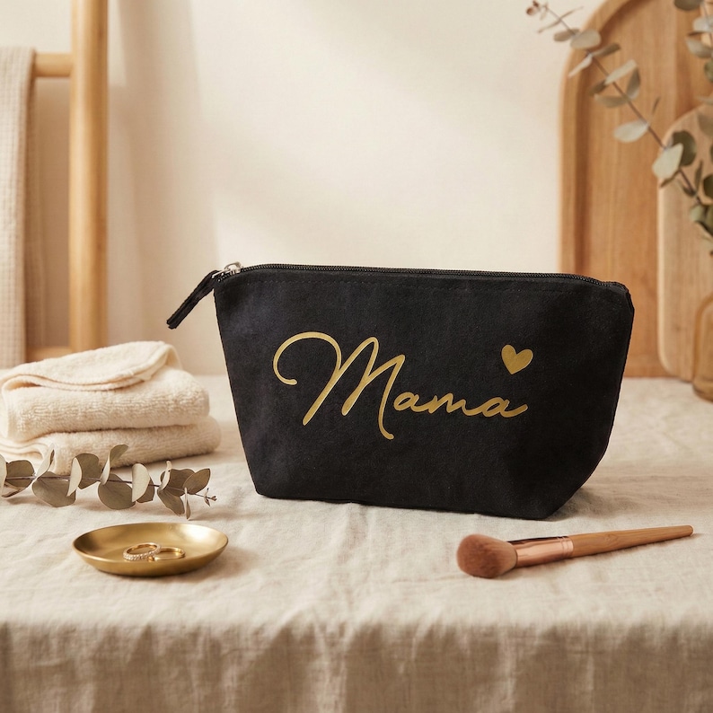 Personalisierte Kosmetiktasche Beige | Makeup Bag mit Namen Gold