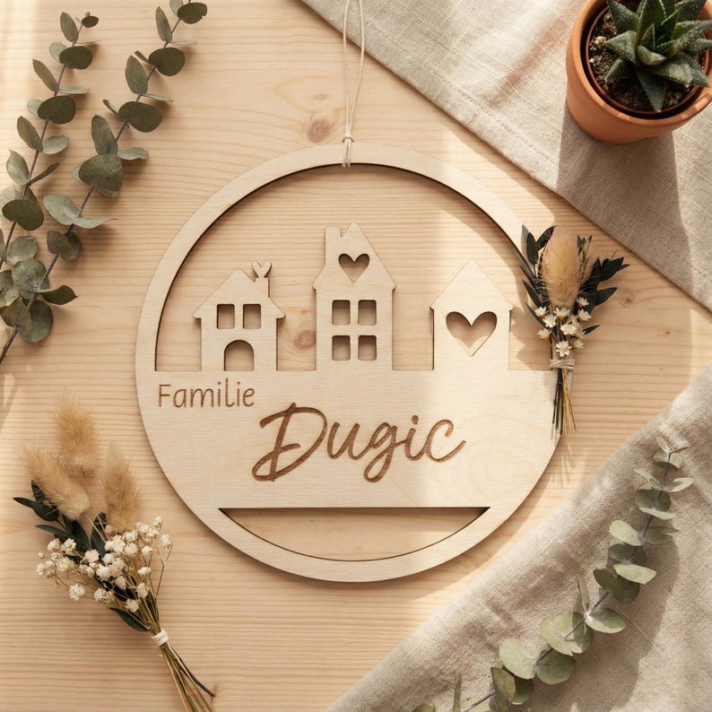 Türschild Familie Holz personalisiert | Boho Familienschild mit Trockenblumen und Häusern | Namensschild Haustür | Geschenk Einzug Hausbau Bild 1