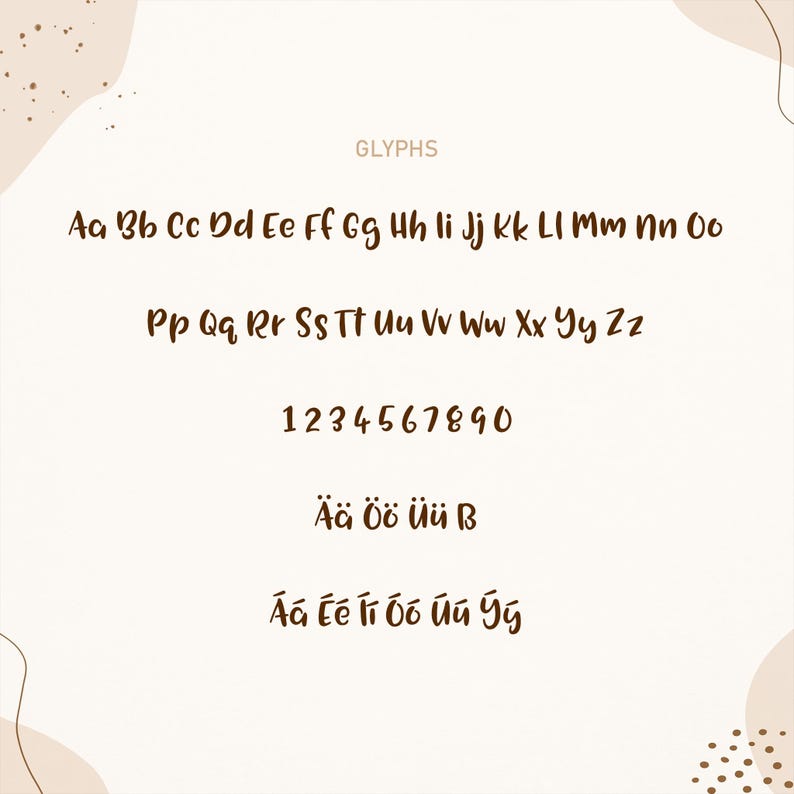 K&ouml;nnte beinhalten: Digitale Illustration verschiedener brauner Glyphen, einschlie&szlig;lich Gro&szlig;- und Kleinbuchstaben, Zahlen und Sonderzeichen. Das Wort "GLYPHS" steht oben. Die Buchstaben und Zahlen werden in einem handschriftlichen Stil dargestellt.