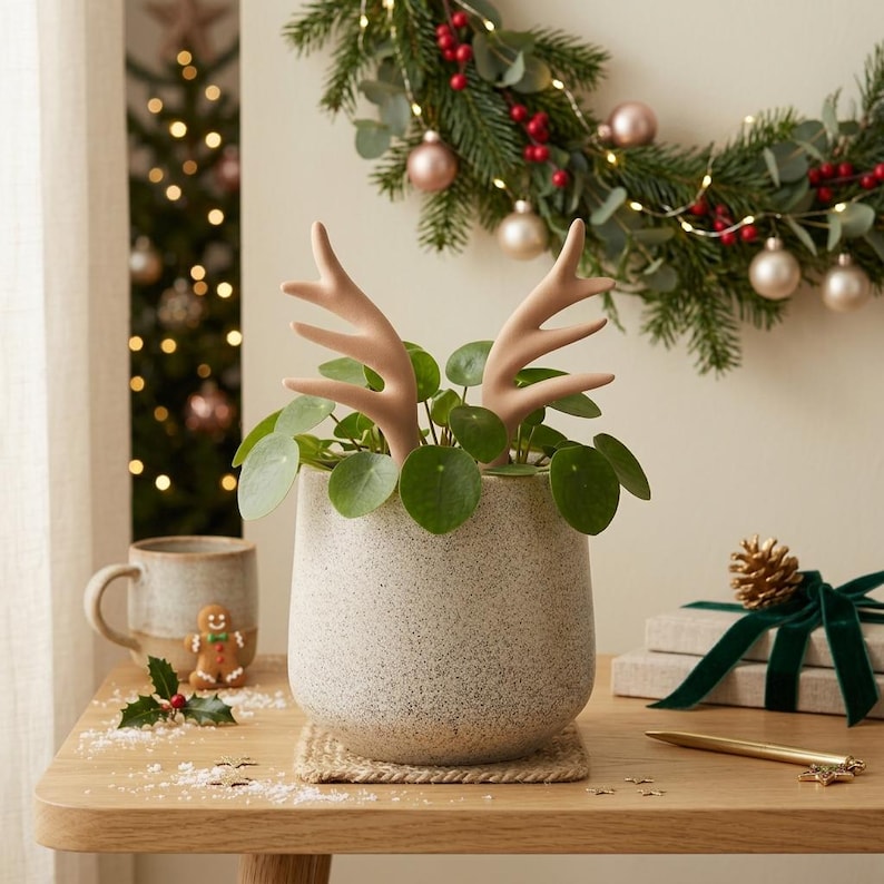 May include: A speckled light grey ceramic planter containing a green Pilea plant with two smooth, light brown, branched antler-shaped decorative inserts protruding from the foliage, creating a festive appearance for the holiday season.