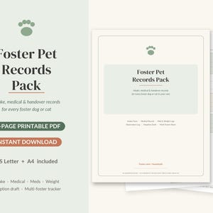 Può includere: Un pacchetto di 12 pagine di registri per animali in affido in formato PDF stampabile, con un'icona a forma di zampa, il testo Foster Pet Records Pack e sezioni per i registri di ammissione, medici e di consegna.