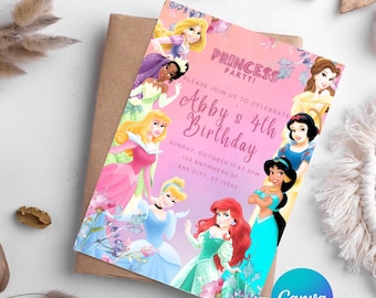May include: A pink and purple princess-themed birthday invitation with a collage of Disney princesses, including Cinderella, Ariel, Belle, Jasmine, Snow White, and Rapunzel. The invitation reads "Please join us to celebrate Abby's 4th Birthday" with details for the event.
