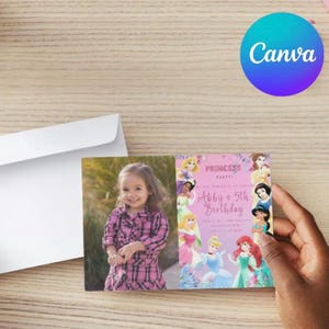 Princess 5th Birthday Invitation Template with Picture | Editable 5th Princess Party Birthday Photo Invite| Disney Princesses Evite w Photo