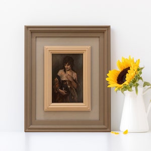 Carte postale encadrée vintage originale de Lady avec un pichet, oeuvre de décoration à la maison, encadrement de boiserie personnalisé original