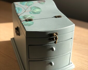 Original restored vintage jewelry chest, hand-painted one of a kind item, made with love from one household to another