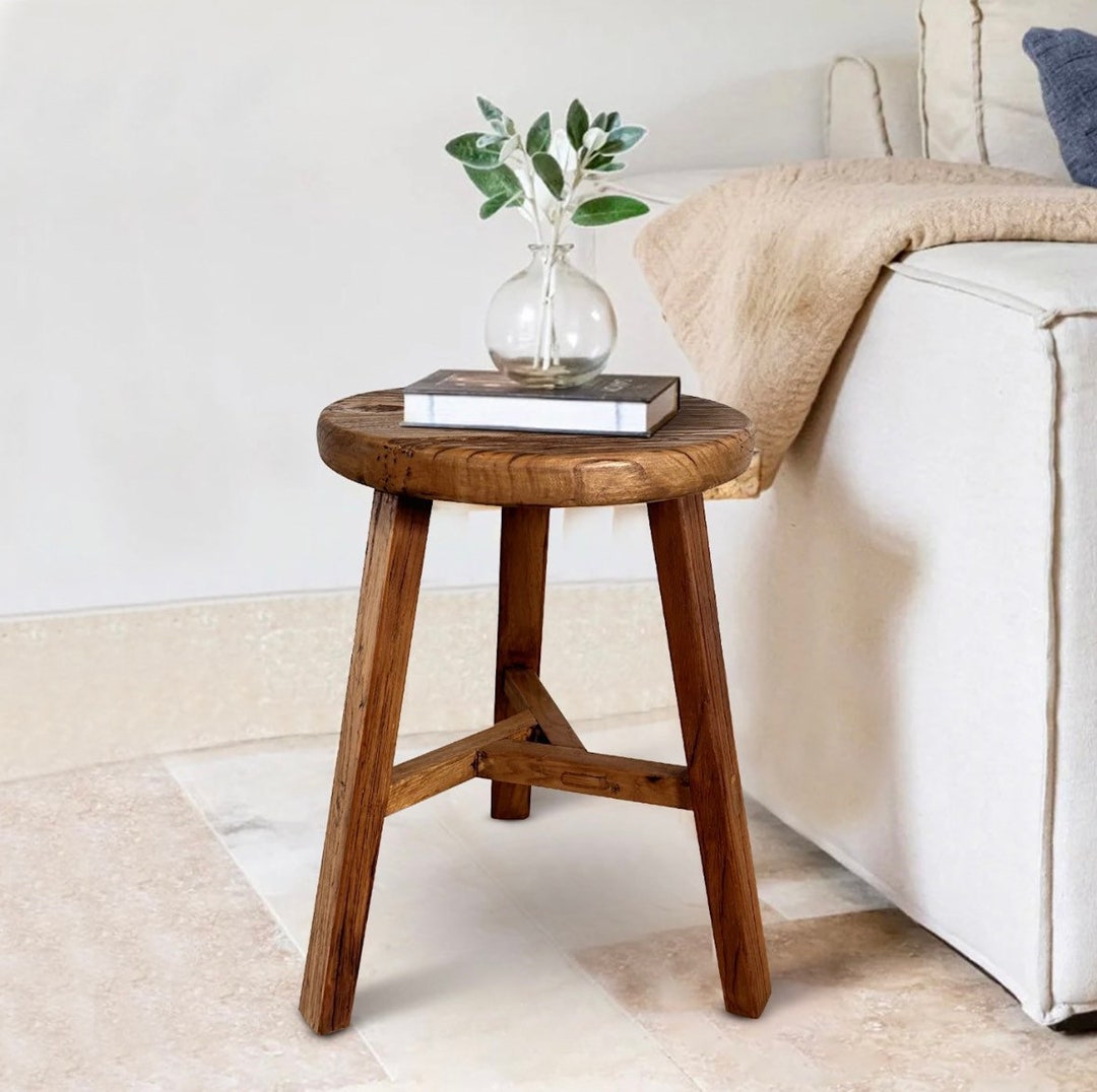 VINTAGE WOODEN STOOL Plant Pot Stool Antique Rustic Round Stool 3