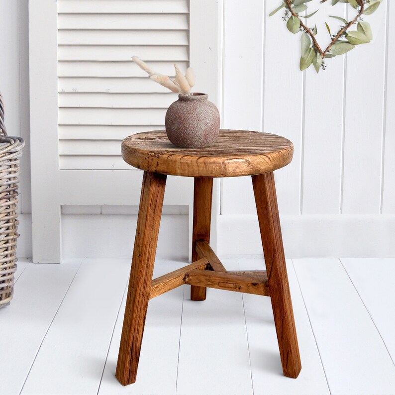 RUSTIC ROUND STOOL Vintage Wooden Stool Plant Holder Etsy